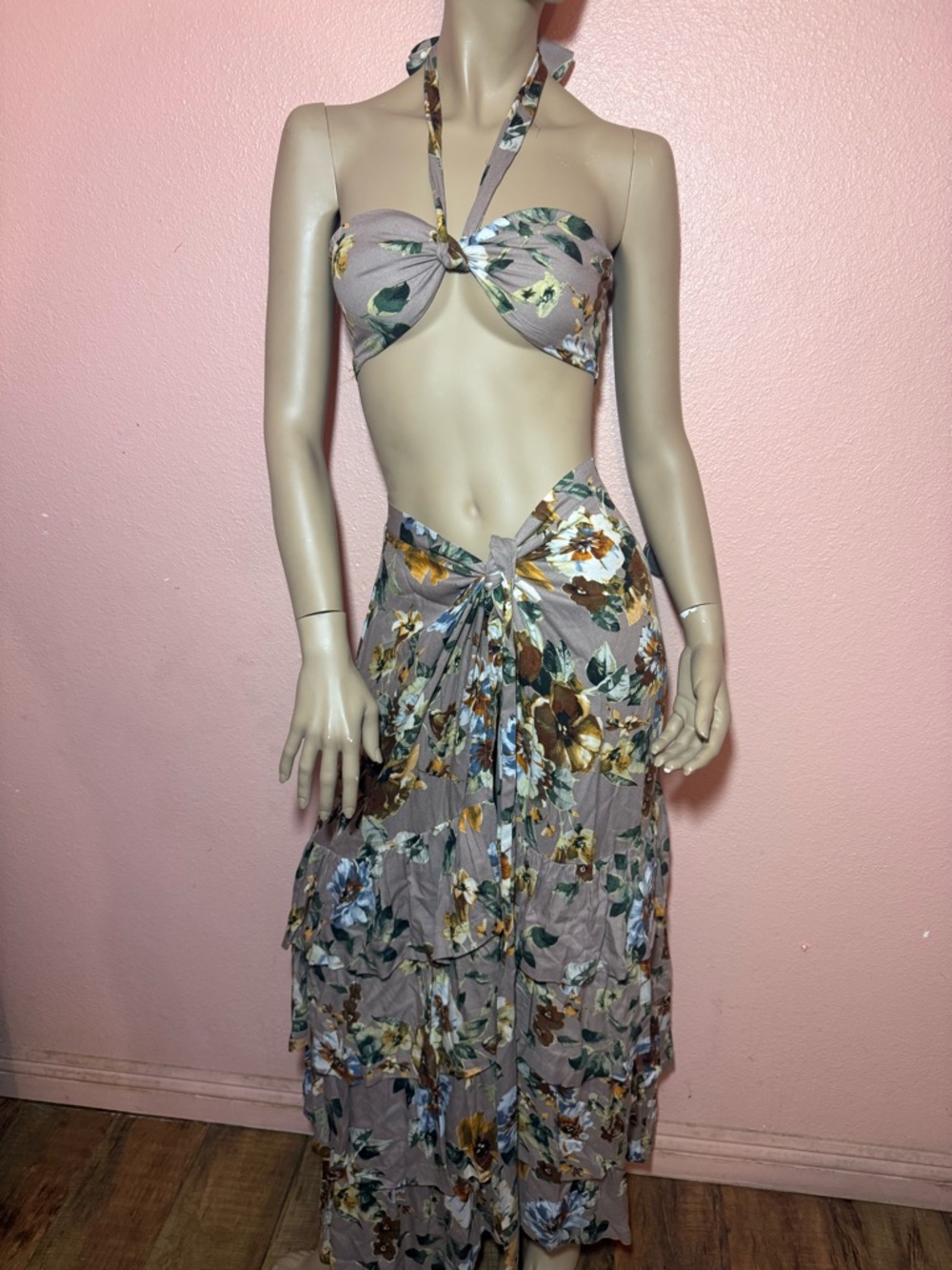 Floral Halter Bikini Top and Maxi Sarong Set - Taupe Floral